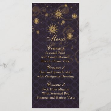 purple gold Snowflakes Winter wedding menu cards