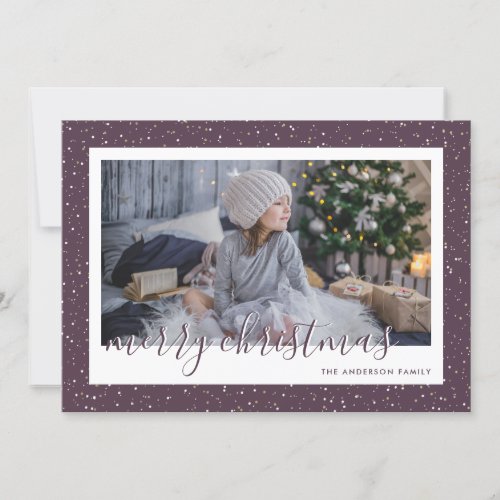 Purple Gold Snowy Photo Merry Christmas Cards