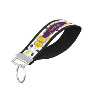 purple gold soccer balls pattern athlete name wrist keychain