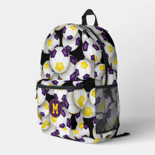 purple gold soccer balls pattern monogrammed printed backpack