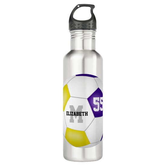 purple gold soccer girl boy school team colors stainless steel water bottle