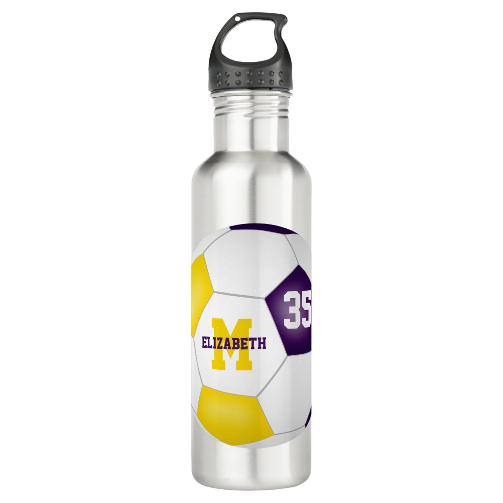 purple gold soccer girl boy school team colors water bottle