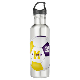 purple gold soccer girl boy school team colors stainless steel water bottle