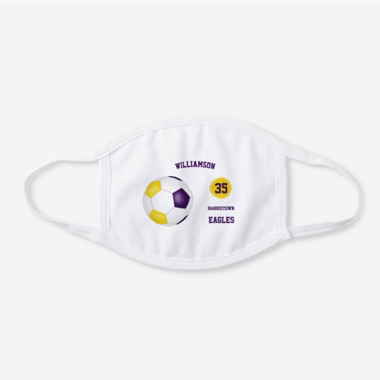 purple gold soccer team colors player name white cotton face mask