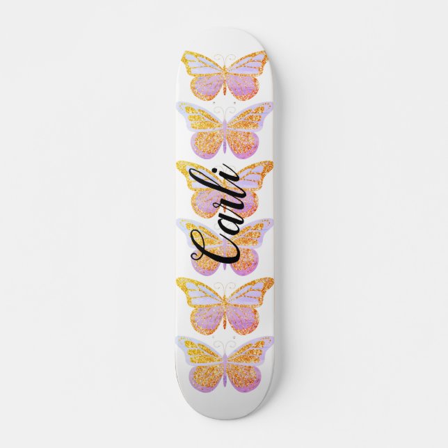 Purple Gold Sparkle Butterflies Personalized Skateboard (Front)