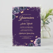 Purple Gold Sparkle Butterfly Dress Quinceanera Invitation (Standing Front)