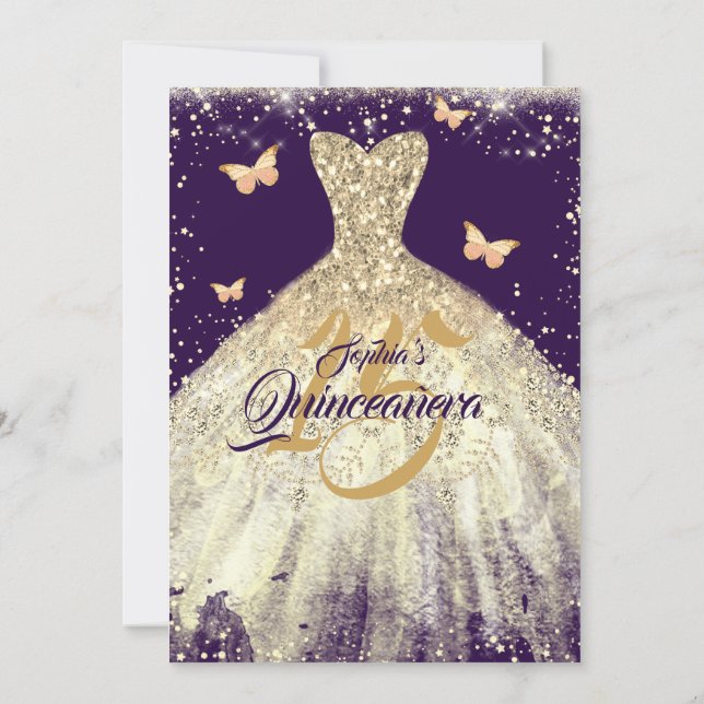 Purple Gold Sparkle Butterfly Dress Quinceanera Invitation (Back)