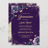 Purple Gold Sparkle Butterfly Dress Quinceanera Invitation (Front/Back)