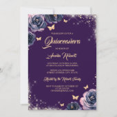 Purple Gold Sparkle Butterfly Dress Quinceanera Invitation (Front)