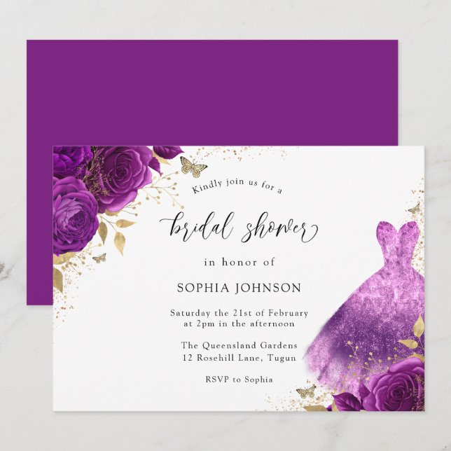 Purple & Gold Sparkle Dress Rose Bridal Shower Invitation (Front/Back)
