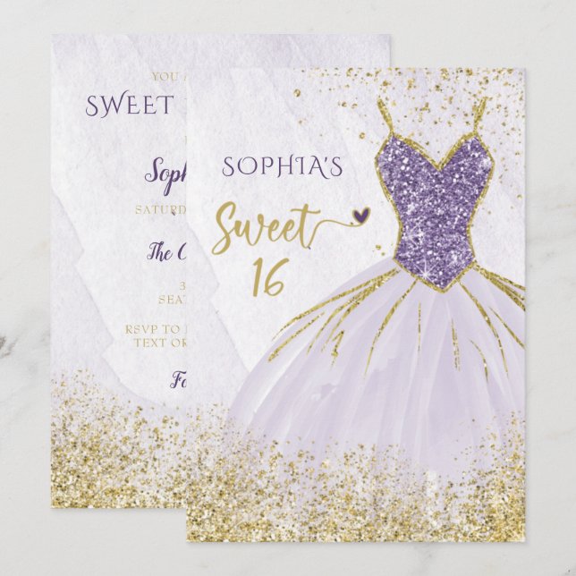 Purple Gold Sparkle Dress Sweet 16 birthday Invitation (Front/Back)