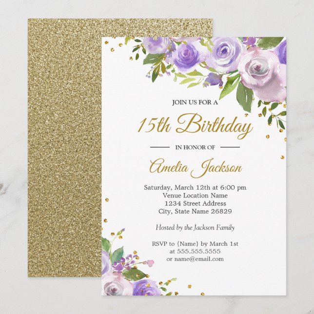 Purple Gold Sparkle Floral 15th Birthday Invite (Front/Back)