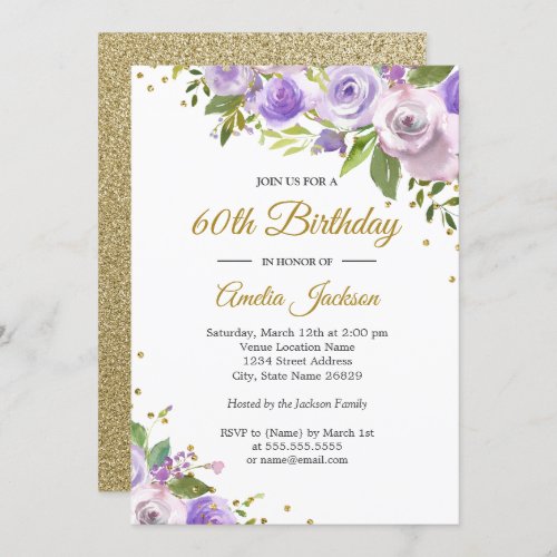 Purple Gold Sparkle Floral 60th Birthday Invite