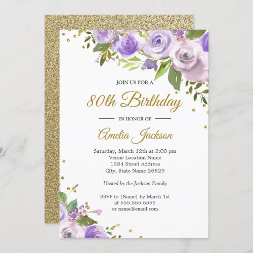 Purple Gold Sparkle Floral 80th Birthday Invite