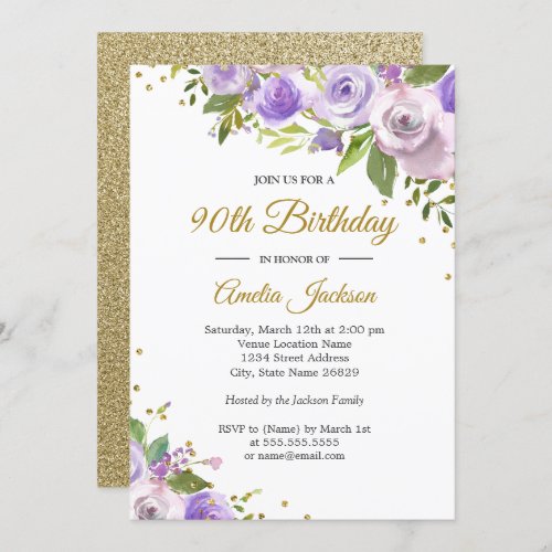 Purple Gold Sparkle Floral 90th Birthday Invite