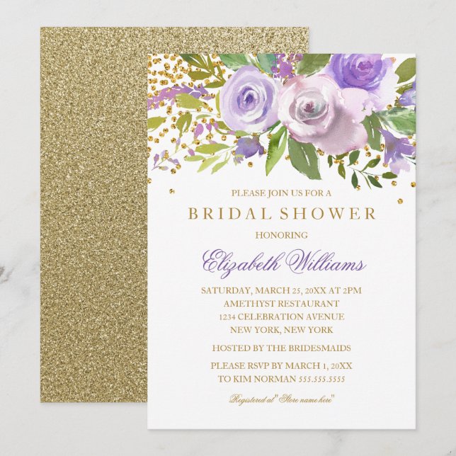 Purple Gold Sparkle Floral Bridal Shower Invite (Front/Back)