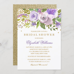 Purple Gold Sparkle Floral Bridal Shower Invite