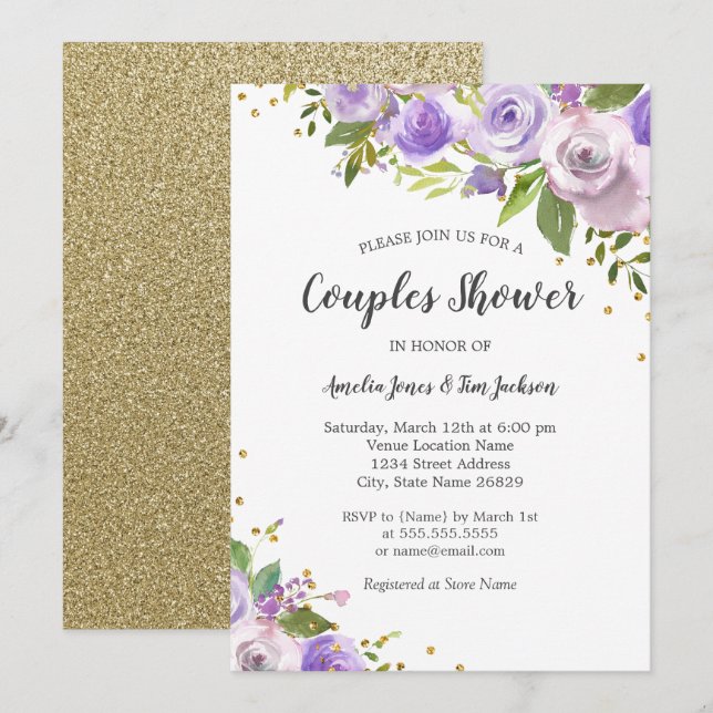 Purple Gold Sparkle Floral Couples Shower Invite (Front/Back)