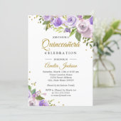 Purple Gold Sparkle Floral Quinceanera Invite (Standing Front)