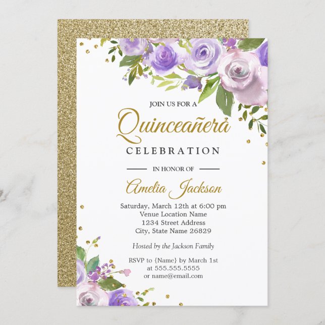 Purple Gold Sparkle Floral Quinceanera Invite (Front/Back)