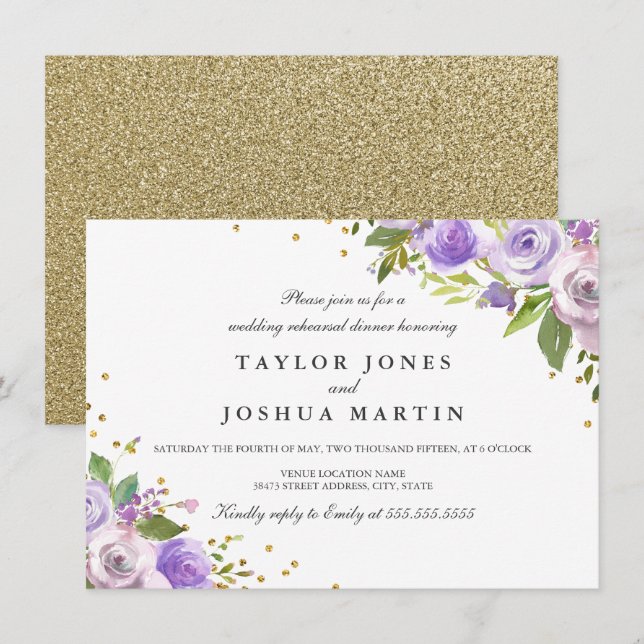 Purple Gold Sparkle Floral Rehearsal Dinner Invite (Front/Back)