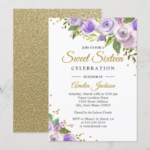 Purple Gold Sparkle Floral Sweet Sixteen Invite