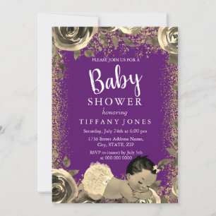 Purple & Gold Sparkle Glitter Baby Shower Invite