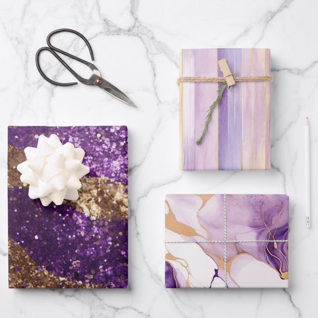 Purple Gold Sparkle Glitter Girly Stripes Birthday Wrapping Paper Sheets (Front)