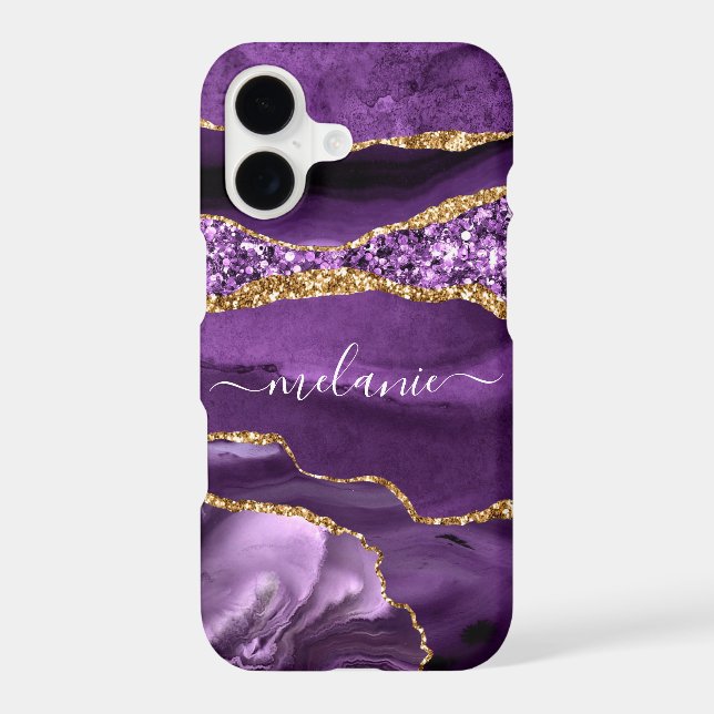 Purple Gold Sparkle Marble Your Name iPhone Case (Back)