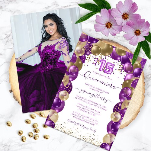Purple Gold Sparkle Photo Quinceaera Balloon  Invitation