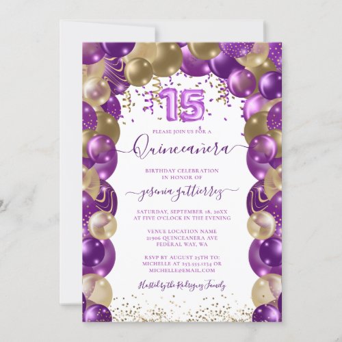 Purple Gold Sparkle Quinceaera Balloon Invitation