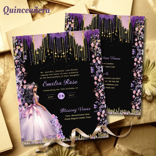 Purple Gold Sparkle Quinceanera Dress Floral Roses