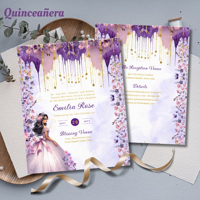 Purple Gold Sparkle Quinceanera Dress Floral Roses (Creator Uploaded)