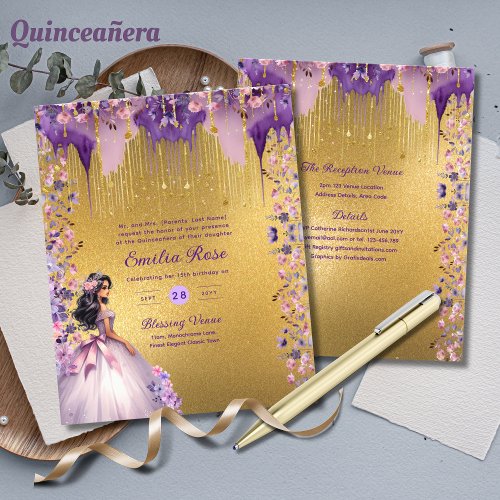 Purple Gold Sparkle Quinceanera Dress Floral Roses