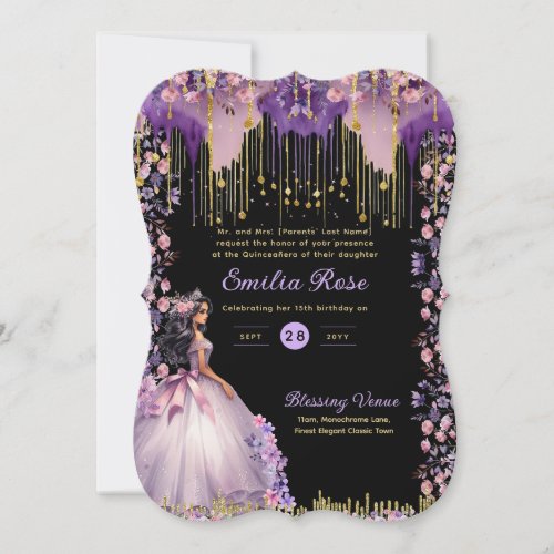 Purple Gold Sparkle Quinceanera Dress Floral Roses Invitation