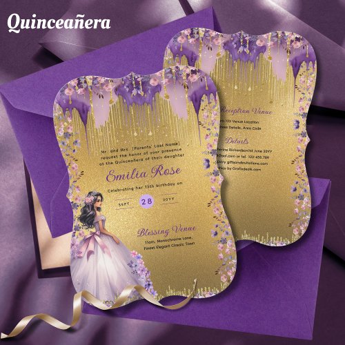 Purple Gold Sparkle Quinceanera Dress Floral Roses Invitation