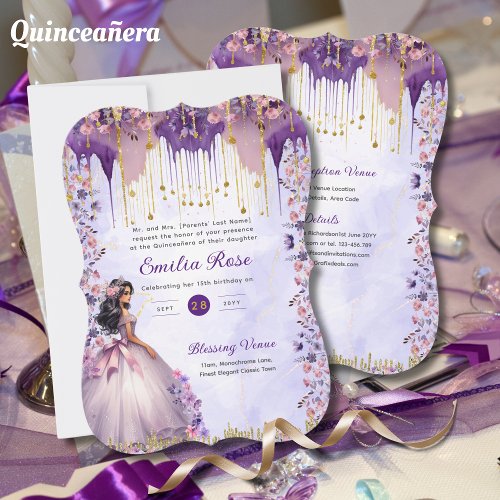 Purple Gold Sparkle Quinceanera Dress Floral Roses Invitation