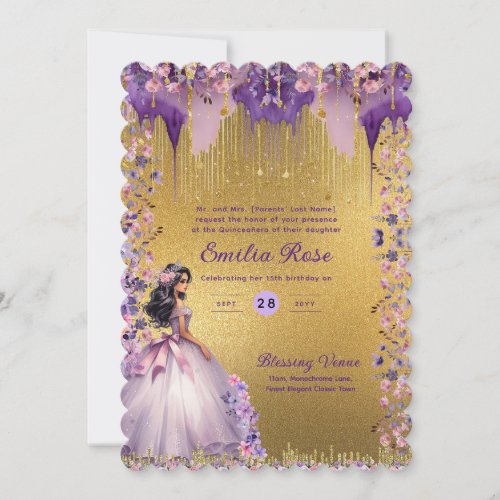 Purple Gold Sparkle Quinceanera Dress Floral Roses Invitation