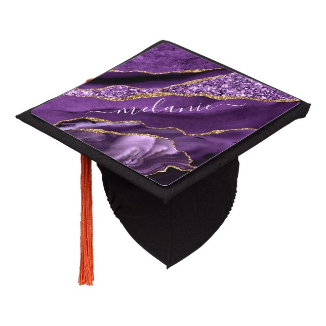 Purple Gold Sparkly Graduation Cap Topper Add Name (Angled)