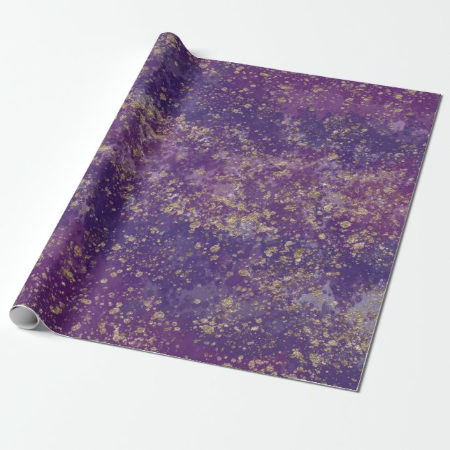 Purple & Gold Splatter Glam Modern Wrapping Paper (Unrolled)