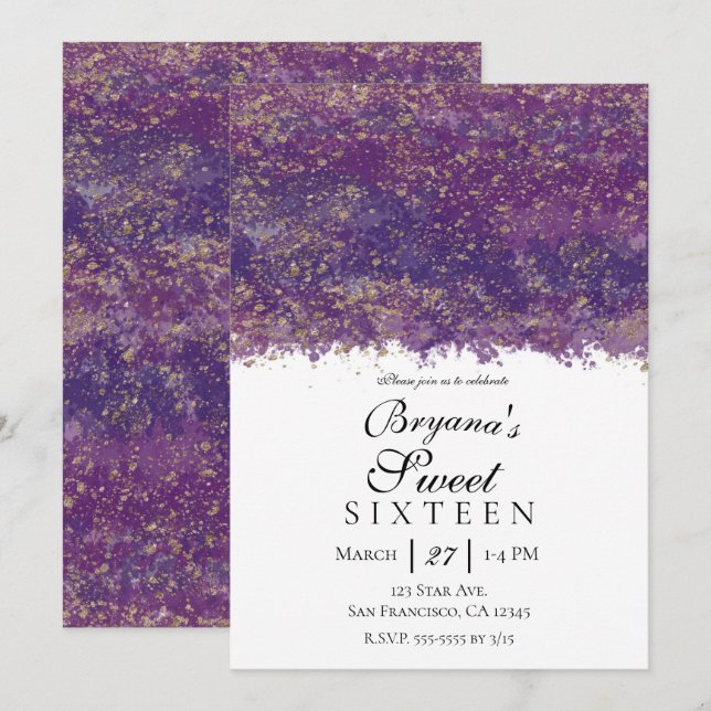 Purple Gold Splatter Modern Glam Sweet 16 Party Invitation (Front/Back)