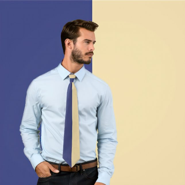 Purple & Gold Split Color  Neck Tie (Man wears a necktie with a purple and gold vertical split color design.)