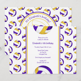 purple gold sporty girls volleyball birthday party invitation