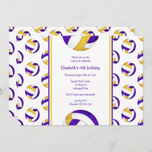 purple gold sporty girls volleyball birthday party invitation