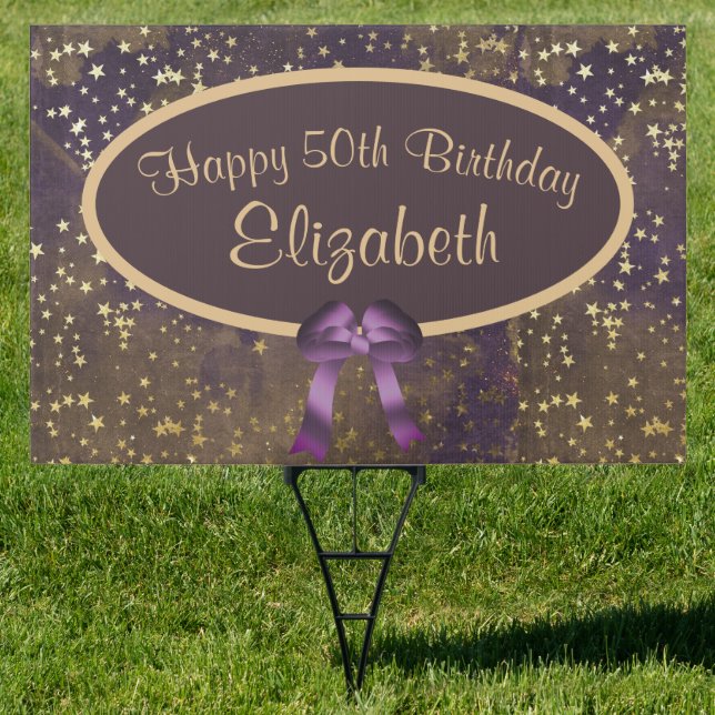 Purple Gold Stardust 50th Birthday Outdoor Sign (Insitu)