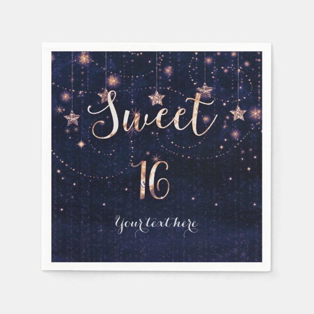 Purple & Gold Starry Celestial Sweet 16 Party Paper Napkins (Front)