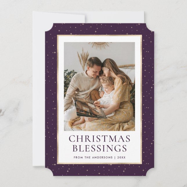 Purple Gold Stars Christmas Blessings Photo Holiday Card (Front)