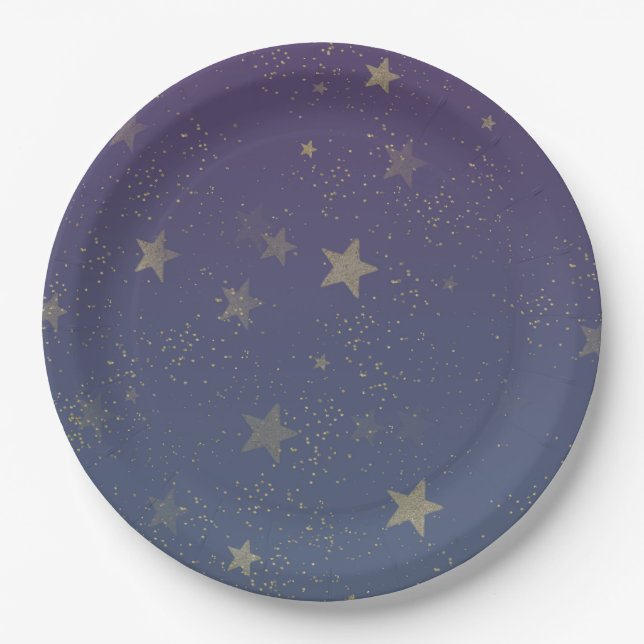 Purple Gold Stars Confetti Paper Plates (Front)