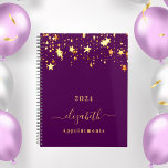 Purple gold stars elegant girly appointments 2024 planner<br><div class="desc">A stylish girly and feminine dark purple colored background with shining faux gold stars dripping, drips. Personalize and add a year, any year, name, and title. A planner for organizing business clients, to do lists, or your daily life. The name is written with a large trendy hand lettered script with...</div>