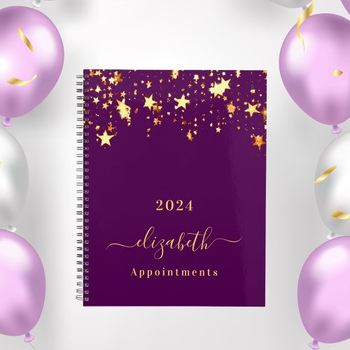 Purple gold stars elegant girly appointments 2024 planner